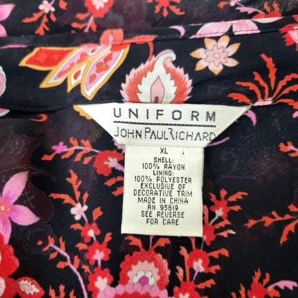 John Paul Richard Uniform XL Floral Paisley Black & Pink Long Sleeve Top - Picture 4 of 4